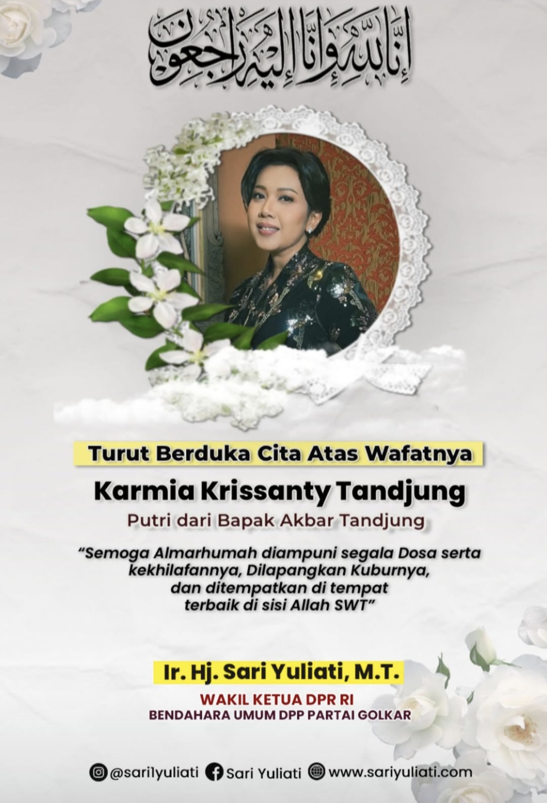 Sari Yuliati Sampaikan Duka atas Wafatnya Putri Akbar Tandjung  