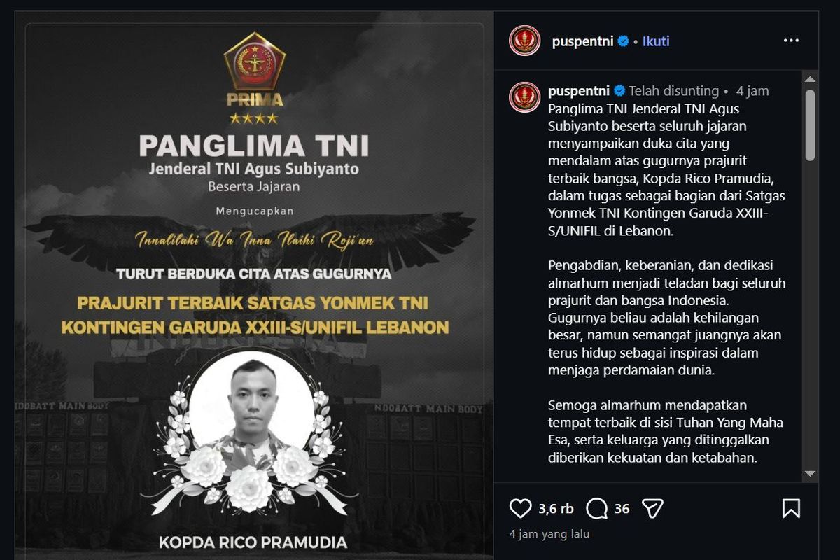 Praka Rico Gugur di Lebanon, TNI: Semangatnya Abadi